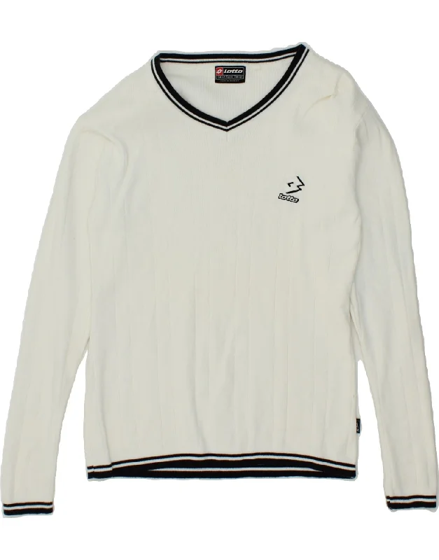 LOTTO Womens V-Neck Jumper Sweater UK 12 Medium White Satin Blend Silk Blend Wool Blend LOTTO Womens V-Neck Jumper Sweater UK 12 Medium White Satin Blend Silk Blend Wool Blend