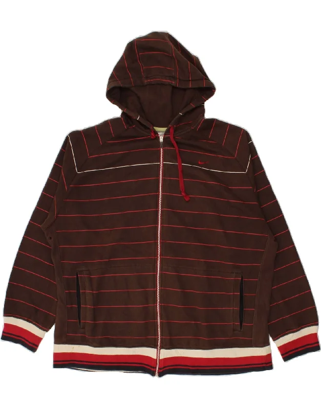 NIKE Mens Zip Hoodie Sweater 2XL Brown Striped Cotton Embroidered Appliqued Beaded