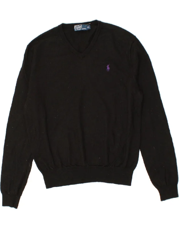 POLO RALPH LAUREN Womens V-Neck Jumper Sweater UK 18 XL Black Merino Wool Bright Pastel Dark