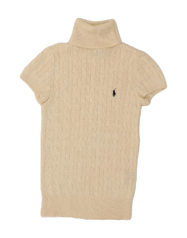RALPH LAUREN Womens Short Sleeve Roll Neck Jumper Sweater UK 8 Small Beige Striped Floral Plaid RALPH LAUREN Womens Short Sleeve Roll Neck Jumper Sweater UK 8 Small Beige Striped Floral Plaid