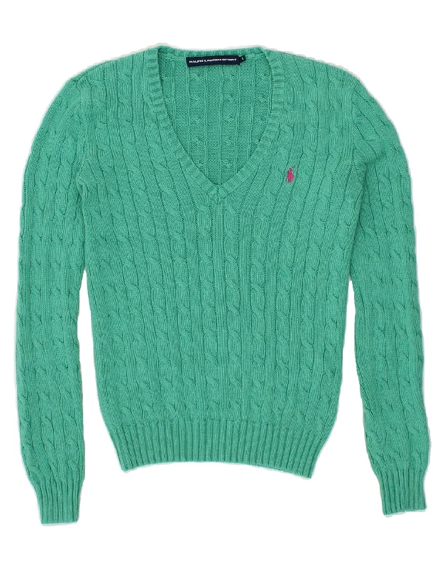 RALPH LAUREN Womens V-Neck Jumper Sweater UK 10 Small Green Cotton Beaded Sweater Sequined Faux Fur RALPH LAUREN Womens V-Neck Jumper Sweater UK 10 Small Green Cotton Beaded Sweater Sequined Faux Fur
