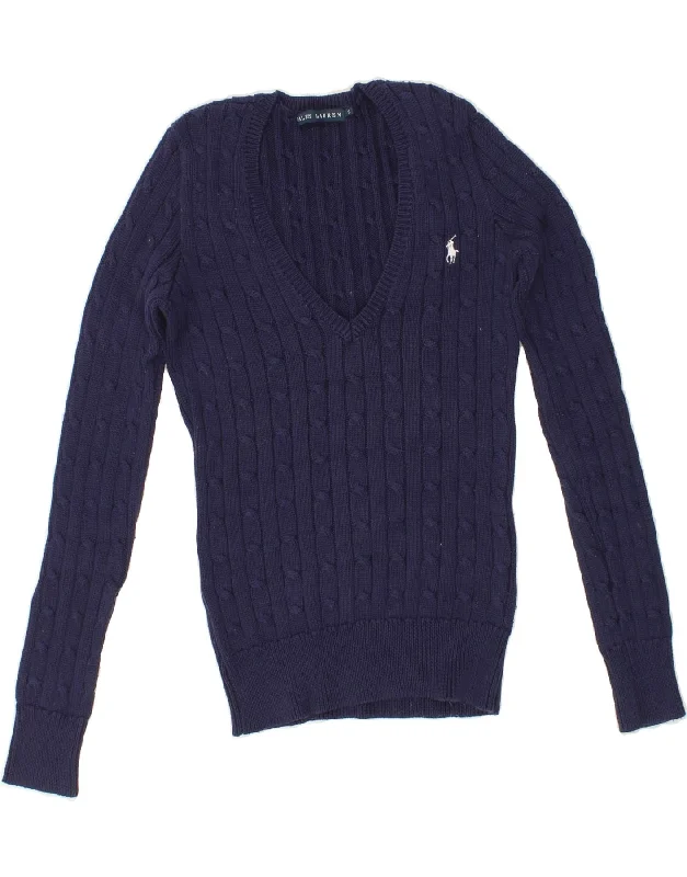 RALPH LAUREN Womens V-Neck Jumper Sweater UK 10 Small Navy Blue Cotton Solid Print Embellished RALPH LAUREN Womens V-Neck Jumper Sweater UK 10 Small Navy Blue Cotton Solid Print Embellished