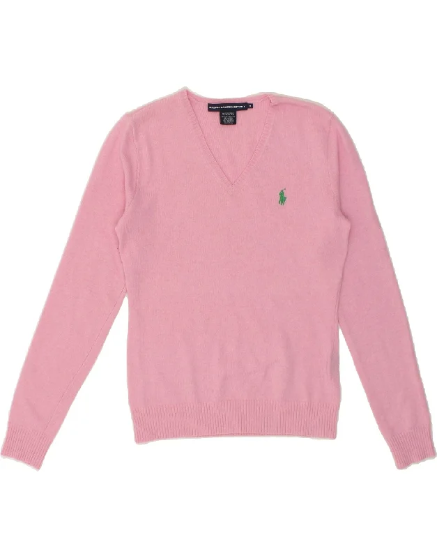RALPH LAUREN Womens V-Neck Jumper Sweater UK 12 Medium Pink Merino Wool Elegant Classic Vintage RALPH LAUREN Womens V-Neck Jumper Sweater UK 12 Medium Pink Merino Wool Elegant Classic Vintage