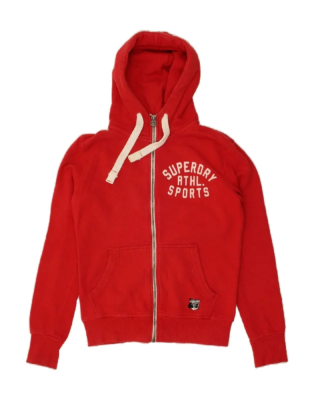SUPERDRY Mens Graphic Zip Hoodie Sweater Small Red Cotton Ribbed Striped Patterned