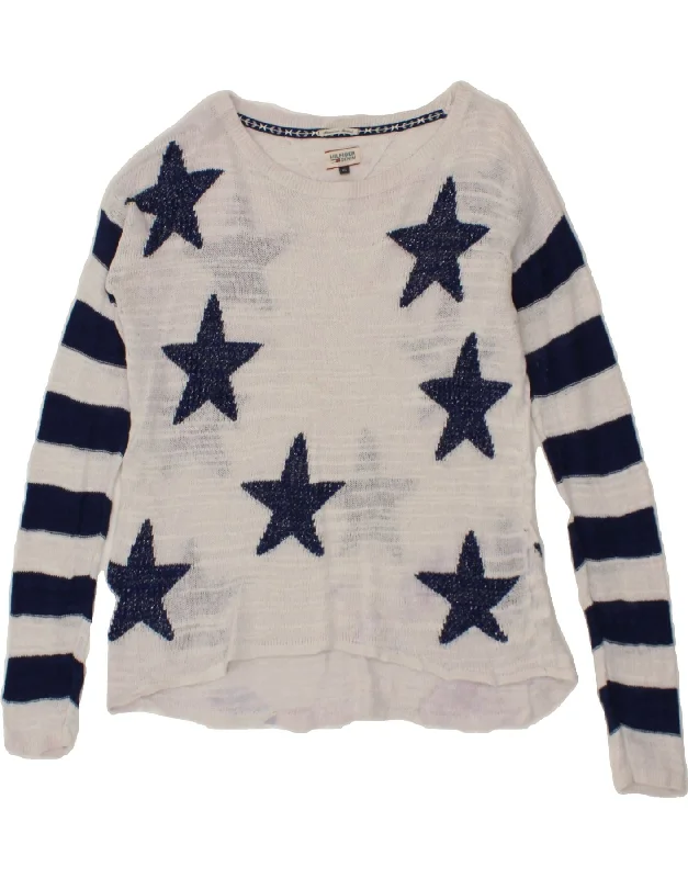 TOMMY HILFIGER Womens Graphic Boat Neck Jumper Sweater UK 6 XS White Cable Knit Ribbed Knit Lace Knit TOMMY HILFIGER Womens Graphic Boat Neck Jumper Sweater UK 6 XS White Cable Knit Ribbed Knit Lace Knit