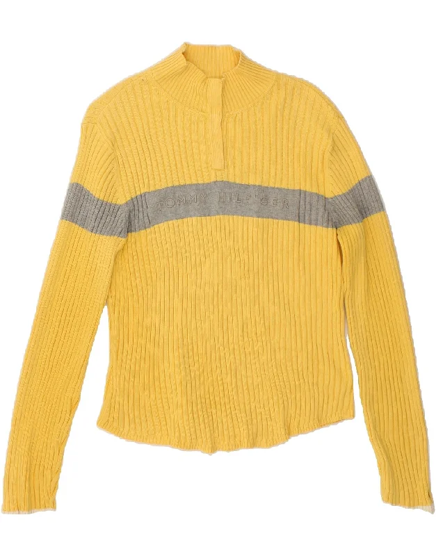 TOMMY HILFIGER Womens Graphic Button Neck Jumper Sweater UK 18 XL Yellow Seamless Knitted Crochet