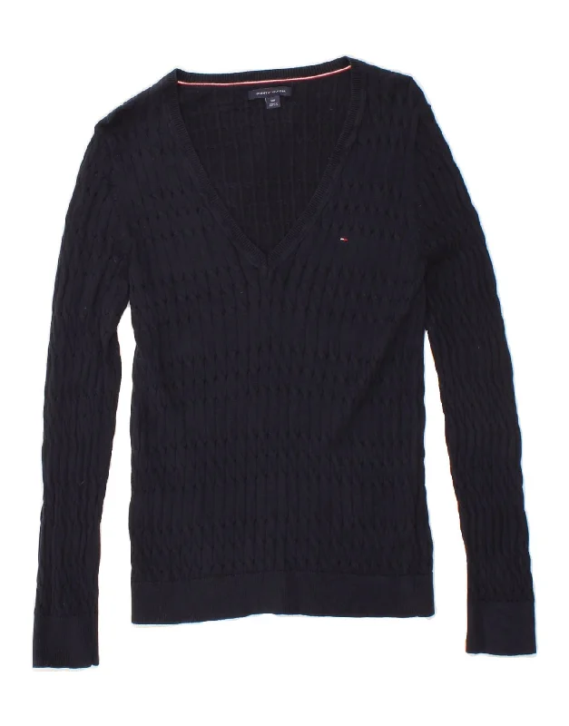 TOMMY HILFIGER Womens V-Neck Jumper Sweater UK 10 Small Navy Blue Cotton Collared Crew Neck Turtle Neck TOMMY HILFIGER Womens V-Neck Jumper Sweater UK 10 Small Navy Blue Cotton Collared Crew Neck Turtle Neck