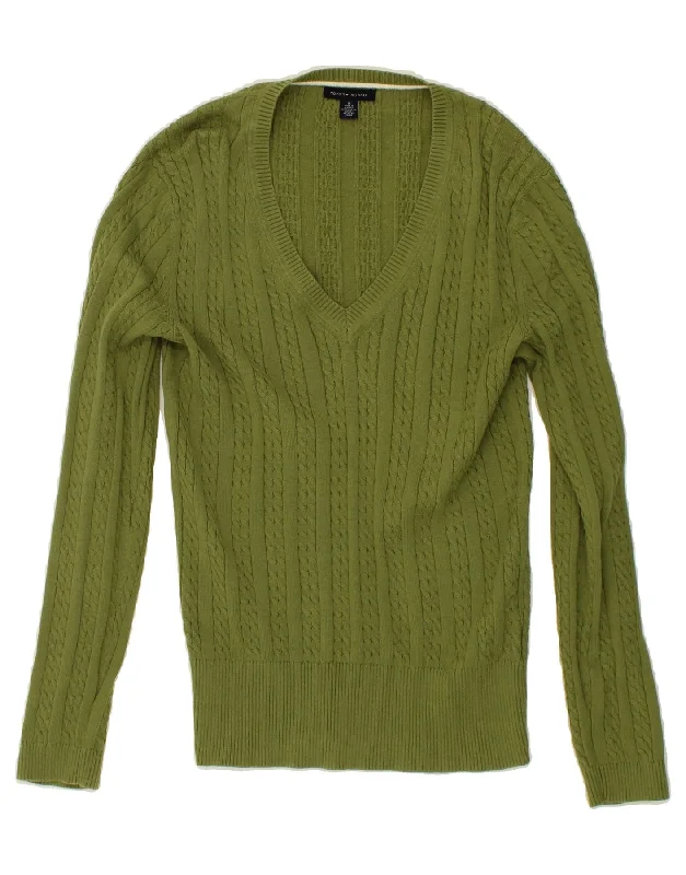TOMMY HILFIGER Womens V-Neck Jumper Sweater UK 12 Medium Green Cotton Elasticated Padded Insulated TOMMY HILFIGER Womens V-Neck Jumper Sweater UK 12 Medium Green Cotton Elasticated Padded Insulated