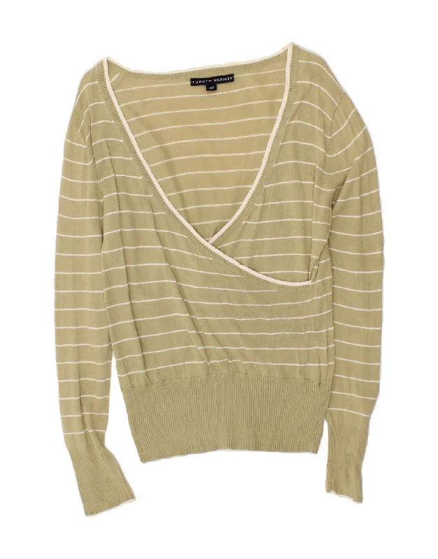 TOMMY HILFIGER Womens V-Neck Jumper Sweater UK 12 Medium Green Striped Notch Collar Peter Pan Collar Cowl Neck TOMMY HILFIGER Womens V-Neck Jumper Sweater UK 12 Medium Green Striped Notch Collar Peter Pan Collar Cowl Neck