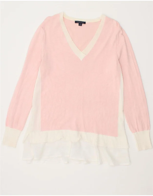 TOMMY HILFIGER Womens V-Neck Jumper Sweater UK 12 Medium Pink Colourblock Fleece Fabric Down Fabric Feather Fabric TOMMY HILFIGER Womens V-Neck Jumper Sweater UK 12 Medium Pink Colourblock Fleece Fabric Down Fabric Feather Fabric