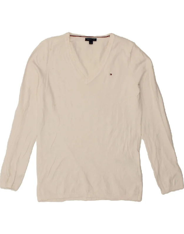 TOMMY HILFIGER Womens V-Neck Jumper Sweater UK 12 Medium White Cotton Glossy Satin Silk TOMMY HILFIGER Womens V-Neck Jumper Sweater UK 12 Medium White Cotton Glossy Satin Silk