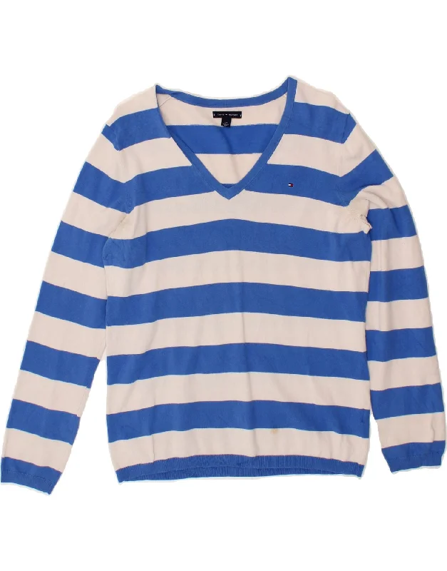 TOMMY HILFIGER Womens V-Neck Jumper Sweater UK 14 Large Blue Striped Toggled Drawstring Belted TOMMY HILFIGER Womens V-Neck Jumper Sweater UK 14 Large Blue Striped Toggled Drawstring Belted