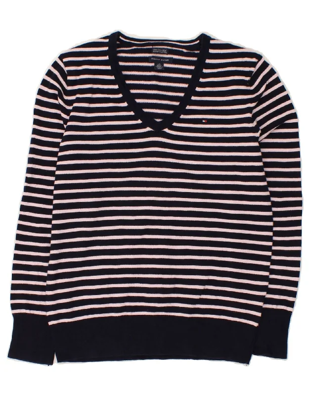 TOMMY HILFIGER Womens V-Neck Jumper Sweater UK 14 Large Navy Blue Striped Zippered Buttoned Snapped TOMMY HILFIGER Womens V-Neck Jumper Sweater UK 14 Large Navy Blue Striped Zippered Buttoned Snapped
