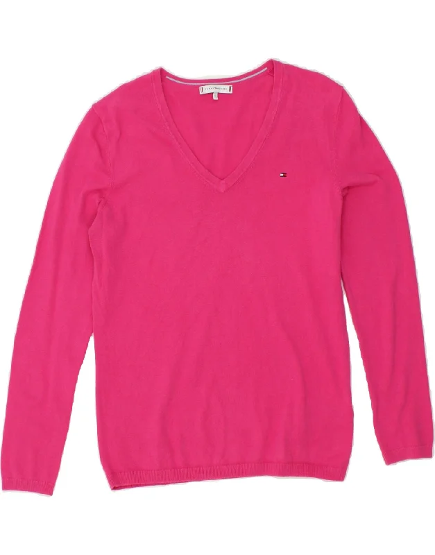 TOMMY HILFIGER Womens V-Neck Jumper Sweater UK 14 Large Pink Cotton Wool Fabric Cashmere Fabric Tweed Fabric TOMMY HILFIGER Womens V-Neck Jumper Sweater UK 14 Large Pink Cotton Wool Fabric Cashmere Fabric Tweed Fabric