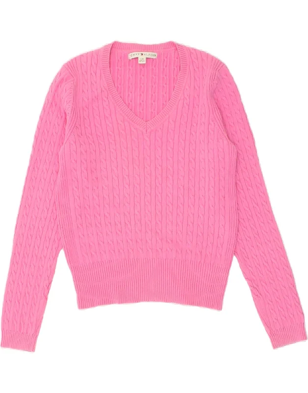 TOMMY HILFIGER Womens V-Neck Jumper Sweater UK 14 Large Pink Cotton Hooded Caped Shawl Collar TOMMY HILFIGER Womens V-Neck Jumper Sweater UK 14 Large Pink Cotton Hooded Caped Shawl Collar