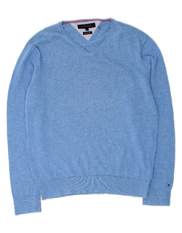 TOMMY HILFIGER Womens V-Neck Jumper Sweater UK 16 Large Blue Flecked Chenille Brocade Lace TOMMY HILFIGER Womens V-Neck Jumper Sweater UK 16 Large Blue Flecked Chenille Brocade Lace