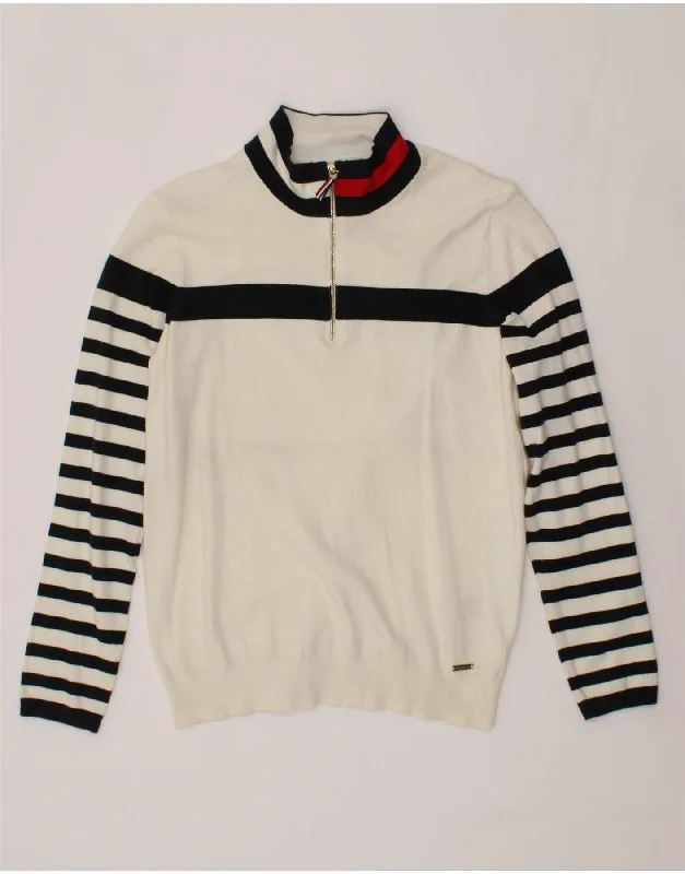 TOMMY HILFIGER Womens Zip Neck Jumper Sweater UK 14 Large White Striped Solid Color Striped Floral Print TOMMY HILFIGER Womens Zip Neck Jumper Sweater UK 14 Large White Striped Solid Color Striped Floral Print