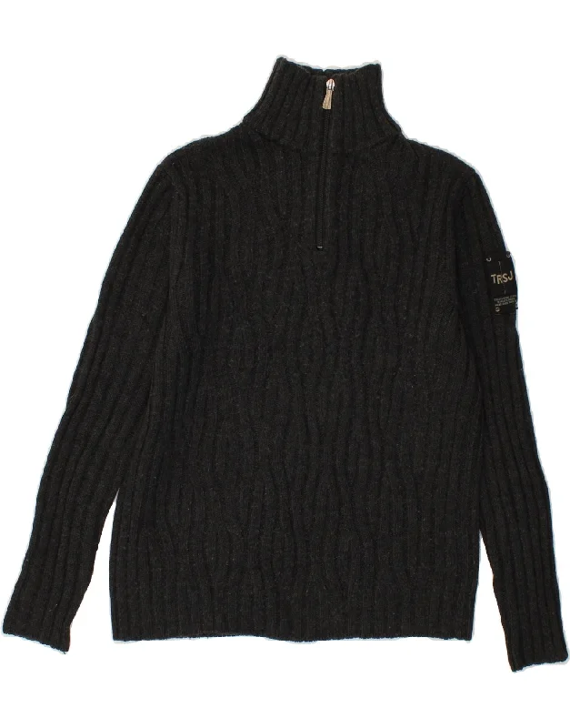 TRUSSARDI Womens Zip Neck Jumper Sweater UK 14 Large Black Wool Terry Terry Cloth Terry Knit TRUSSARDI Womens Zip Neck Jumper Sweater UK 14 Large Black Wool Terry Terry Cloth Terry Knit