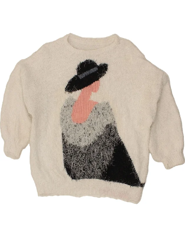 VINTAGE Womens 3/4 Sleeve Crew Neck Jumper Sweater UK 16 Large White Lightweight Heavyweight Midweight VINTAGE Womens 3/4 Sleeve Crew Neck Jumper Sweater UK 16 Large White Lightweight Heavyweight Midweight