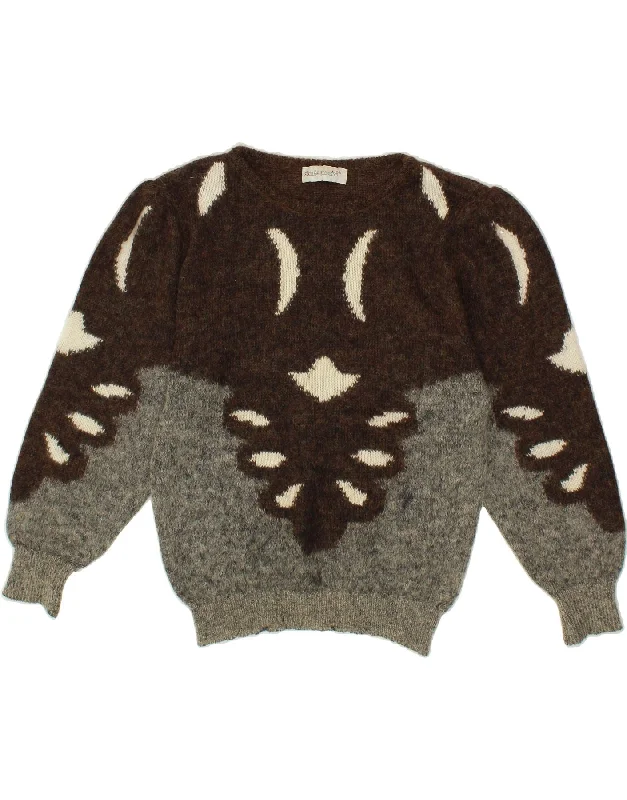 VINTAGE Womens Boat Neck Jumper Sweater IT 46 Large Brown Colourblock Mesh Blend Leather Blend Suede Blend VINTAGE Womens Boat Neck Jumper Sweater IT 46 Large Brown Colourblock Mesh Blend Leather Blend Suede Blend
