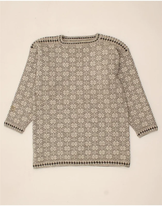 VINTAGE Womens Boat Neck Jumper Sweater UK 16 Large Grey Fair Isle Ribbed Striped Patterned