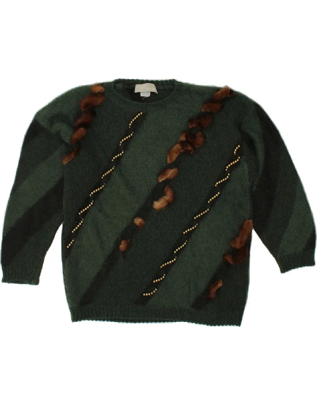 VINTAGE Womens Crew Neck Jumper Sweater UK 16 Large Green Striped Wool Cashmere Blend Cotton Blend Poly Blend VINTAGE Womens Crew Neck Jumper Sweater UK 16 Large Green Striped Wool Cashmere Blend Cotton Blend Poly Blend