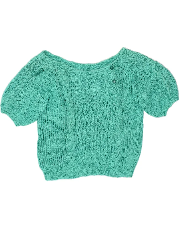 VINTAGE Womens Crop Boat Neck Jumper Sweater UK 12 Medium Turquoise Glossy Satin Silk
