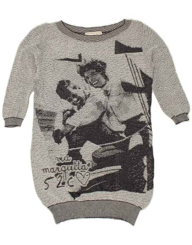 VINTAGE Womens Graphic Boat Neck Jumper Sweater UK 12 Medium Grey Viscose Ribbed Striped Patterned VINTAGE Womens Graphic Boat Neck Jumper Sweater UK 12 Medium Grey Viscose Ribbed Striped Patterned