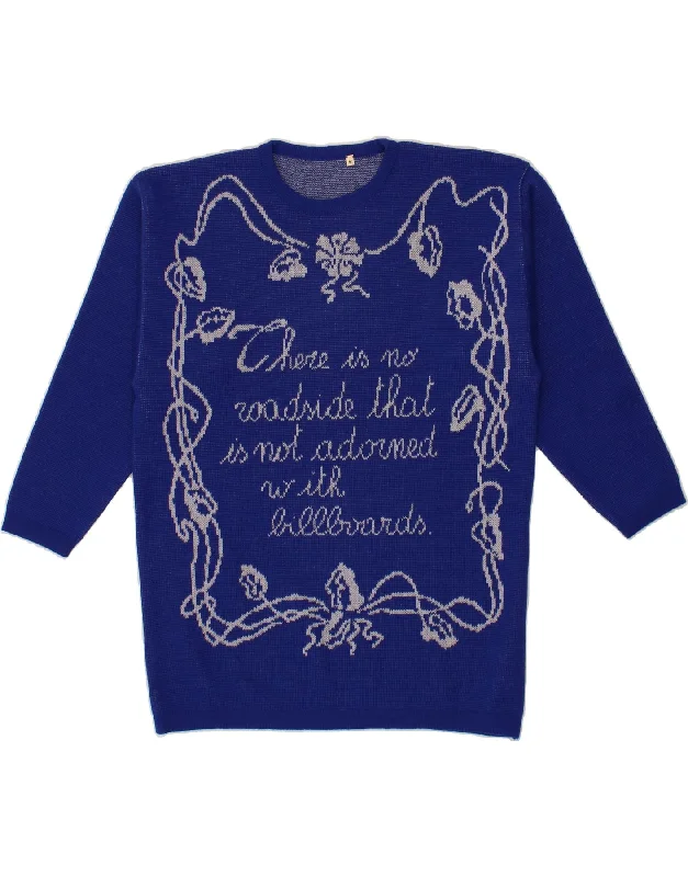VINTAGE Womens Graphic Crew Neck Jumper Sweater UK 14 Medium Blue Wool Hooded Sweater Collared Sweater Shawl Collar VINTAGE Womens Graphic Crew Neck Jumper Sweater UK 14 Medium Blue Wool Hooded Sweater Collared Sweater Shawl Collar