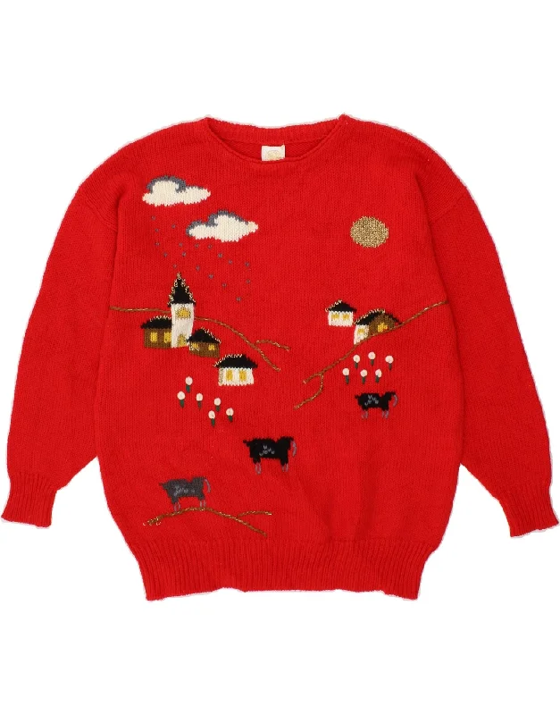 VINTAGE Womens Oversized Boat Neck Jumper Sweater EU 40 Medium Red Wool Velvet Chenille Corduroy