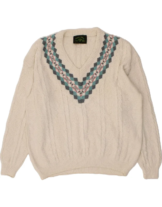 VINTAGE Womens Oversized V-Neck Jumper Sweater UK 22 3XL White Fair Isle Fleece Sweater Nylon Polyester VINTAGE Womens Oversized V-Neck Jumper Sweater UK 22 3XL White Fair Isle Fleece Sweater Nylon Polyester