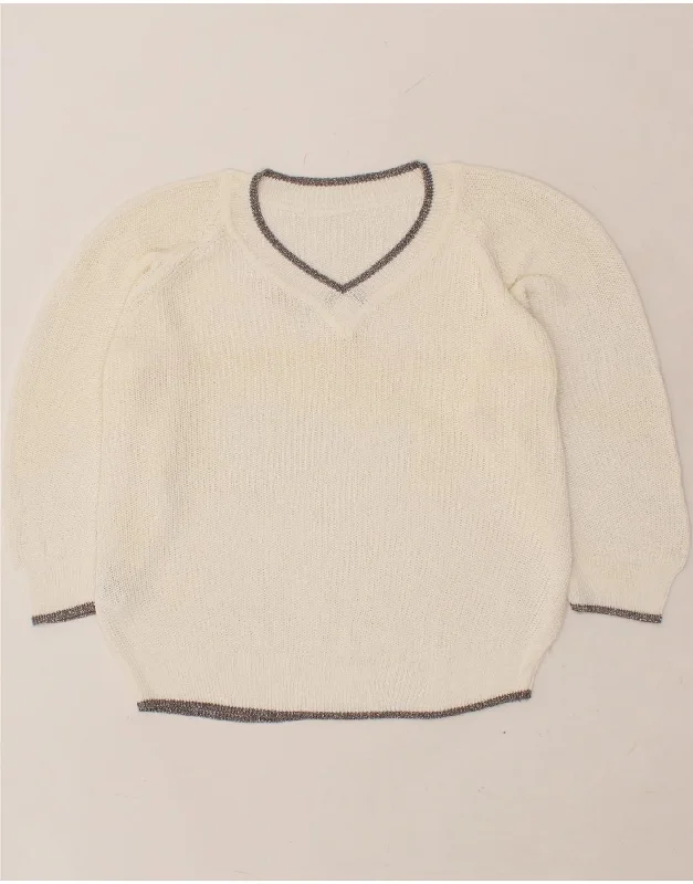VINTAGE Womens Oversized V-Neck Jumper Sweater UK 6 XS White Viscose Denim Fabric Leather Fabric Suede Fabric VINTAGE Womens Oversized V-Neck Jumper Sweater UK 6 XS White Viscose Denim Fabric Leather Fabric Suede Fabric