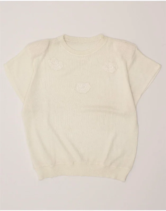 VINTAGE Womens Short Sleeve Crew Neck Jumper Sweater UK 12 Medium White Stylish Fashionable Trendy VINTAGE Womens Short Sleeve Crew Neck Jumper Sweater UK 12 Medium White Stylish Fashionable Trendy