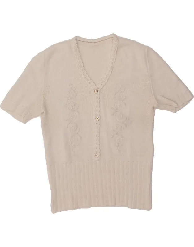 VINTAGE Womens Short Sleeve V-Neck Jumper Sweater UK 12 Medium Off White Thin Thick Dense VINTAGE Womens Short Sleeve V-Neck Jumper Sweater UK 12 Medium Off White Thin Thick Dense