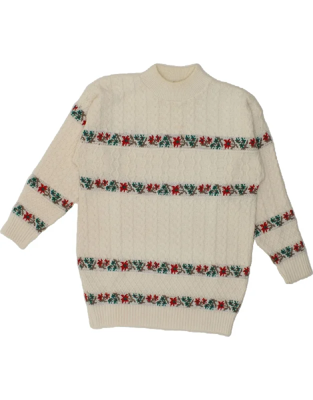 VINTAGE Womens Turtle Neck Jumper Sweater UK 14 Medium White Floral Soft Cozy Warm