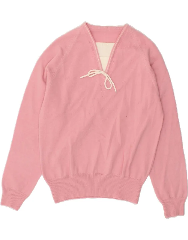 VINTAGE Womens V-Neck Jumper Sweater UK 12 Medium Pink Mesh Blend Leather Blend Suede Blend VINTAGE Womens V-Neck Jumper Sweater UK 12 Medium Pink Mesh Blend Leather Blend Suede Blend