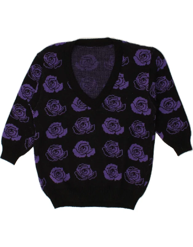 VINTAGE Womens V-Neck Jumper Sweater UK 14 Medium Black Floral Acrylic Beaded Sweater Sequined Faux Fur VINTAGE Womens V-Neck Jumper Sweater UK 14 Medium Black Floral Acrylic Beaded Sweater Sequined Faux Fur