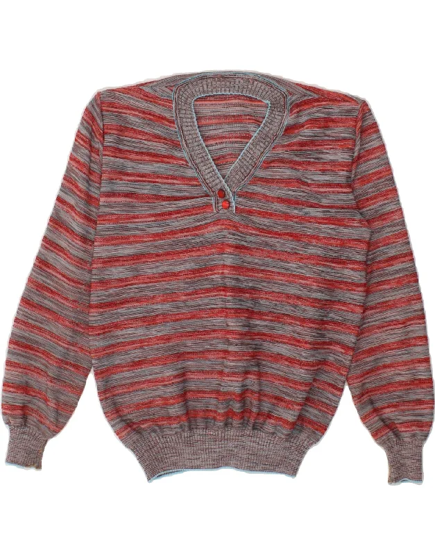 VINTAGE Womens V-Neck Jumper Sweater UK 14 Medium Red Striped Welt Pockets Slit Pockets Flap Pockets VINTAGE Womens V-Neck Jumper Sweater UK 14 Medium Red Striped Welt Pockets Slit Pockets Flap Pockets