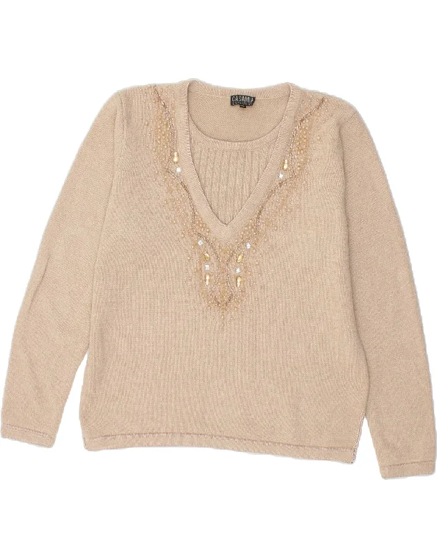VINTAGE Womens V-Neck Jumper Sweater UK 16 Large Beige Acrylic Chenille Brocade Lace VINTAGE Womens V-Neck Jumper Sweater UK 16 Large Beige Acrylic Chenille Brocade Lace