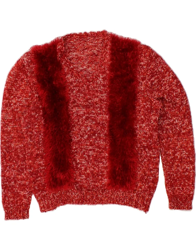 VINTAGE Womens V-Neck Jumper Sweater UK 16 Large Red Denim Fabric Leather Fabric Suede Fabric VINTAGE Womens V-Neck Jumper Sweater UK 16 Large Red Denim Fabric Leather Fabric Suede Fabric