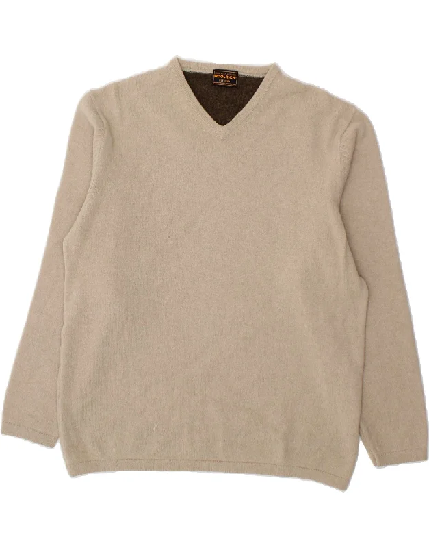WOOLRICH Womens V-Neck Jumper Sweater UK 16 Large Beige Wool Machine Wash Dry Clean Hand Wash WOOLRICH Womens V-Neck Jumper Sweater UK 16 Large Beige Wool Machine Wash Dry Clean Hand Wash
