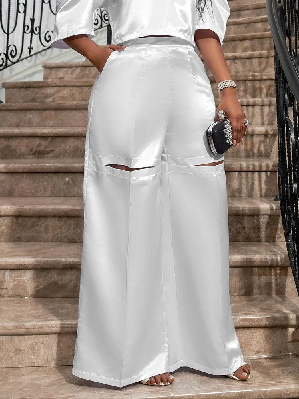 AOMEIDRESS Women Casual Wide-leg Party Pants Hollow-out Chinos Cotton Straight Leg