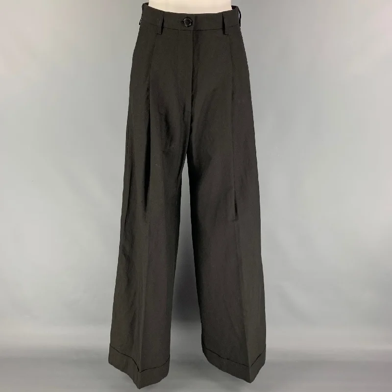 DRIES VAN NOTEN Size 4 Black Cotton Linen Wide Leg Dress Pants Trousers Leather Faux DRIES VAN NOTEN Size 4 Black Cotton Linen Wide Leg Dress Pants Trousers Leather Faux
