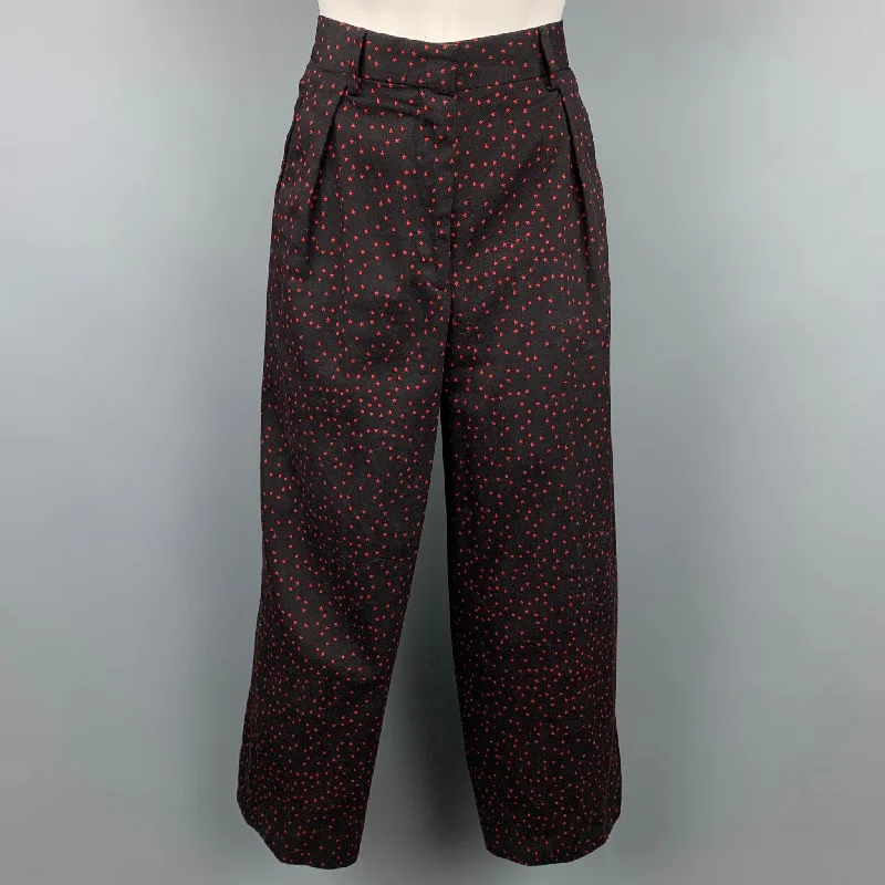 DRIES VAN NOTEN Size 6 Black & Red Star Print Cotton Wide Leg Dress Pants Trousers luxurious premium
