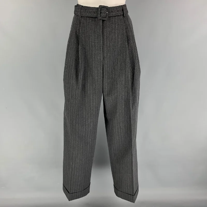 DRIES VAN NOTEN Size 6 Dark Gray Polyester Wool Stripe Wide Leg Dress Pants Trousers Velvet Soft DRIES VAN NOTEN Size 6 Dark Gray Polyester Wool Stripe Wide Leg Dress Pants Trousers Velvet Soft