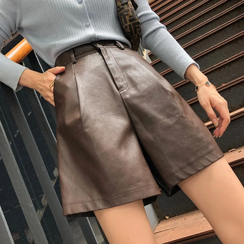 DressBetty - Half Leather Shorts Kahiq Shorts PU Elastic High Waisted Wide Leg Loose Short Pants Trousers Velvet Soft DressBetty - Half Leather Shorts Kahiq Shorts PU Elastic High Waisted Wide Leg Loose Short Pants Trousers Velvet Soft