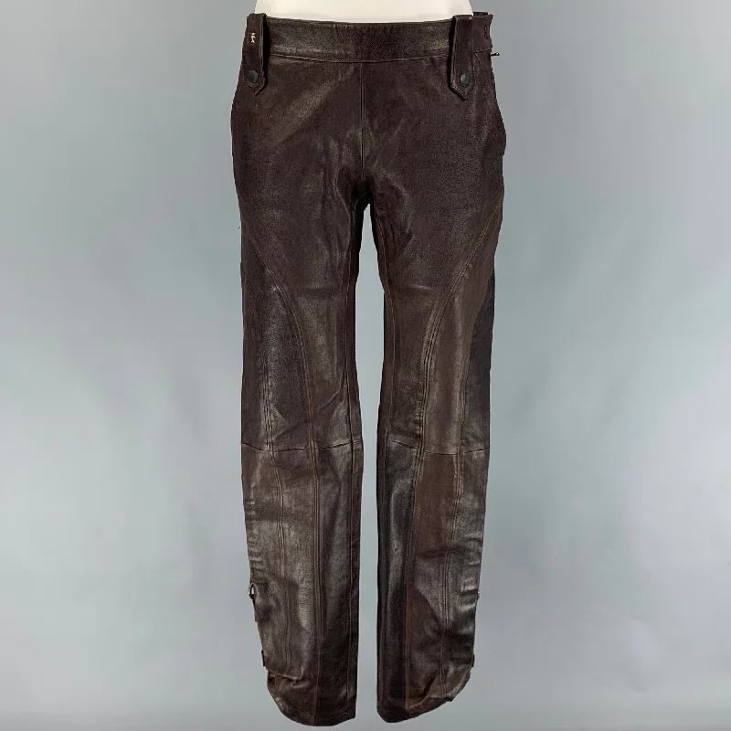 HENRY BEGUELIN Size 6 Brown Leather Contrast Stitch Dress Pants Trousers Modern Contemporary HENRY BEGUELIN Size 6 Brown Leather Contrast Stitch Dress Pants Trousers Modern Contemporary