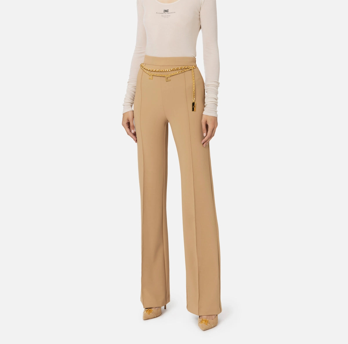 Palazzo trousers in stretch crêpe fabric with belt Trousers Modern Contemporary