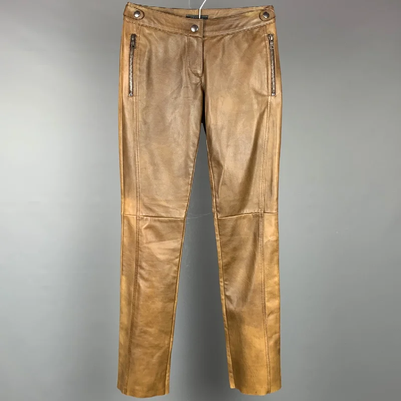 PRADA Size 2 Brown Burnished Leather Straight Leg Dress Pants Trousers Evening Elegant PRADA Size 2 Brown Burnished Leather Straight Leg Dress Pants Trousers Evening Elegant