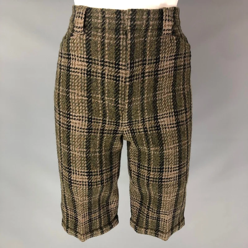 SAINT LAURENT Size 0 Olive Wool Plaid Bermuda Dress Pants Trousers Palazzo Wide Leg